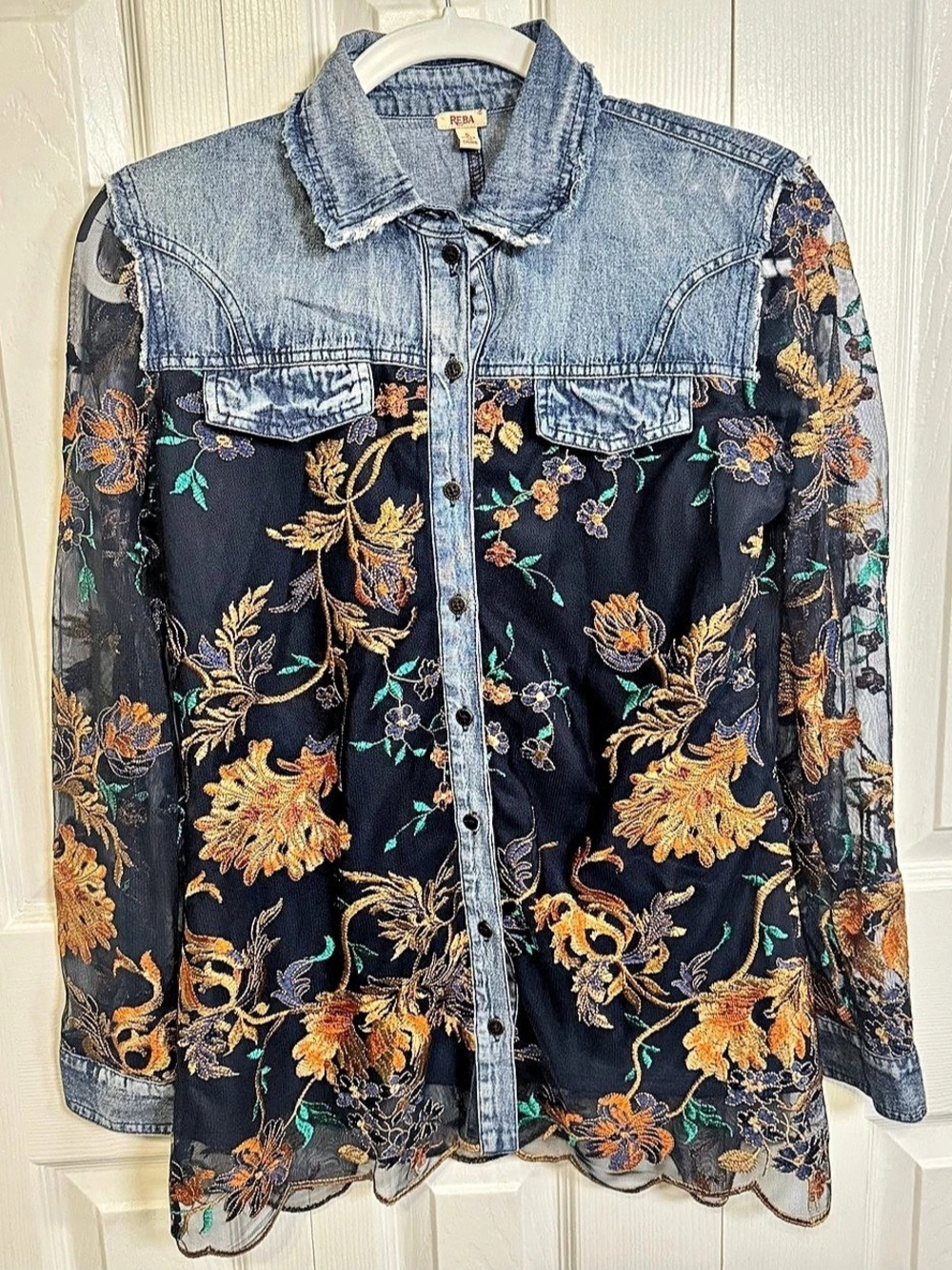 Reba Denim Floral Embroidered Mesh Button Down Shirt S